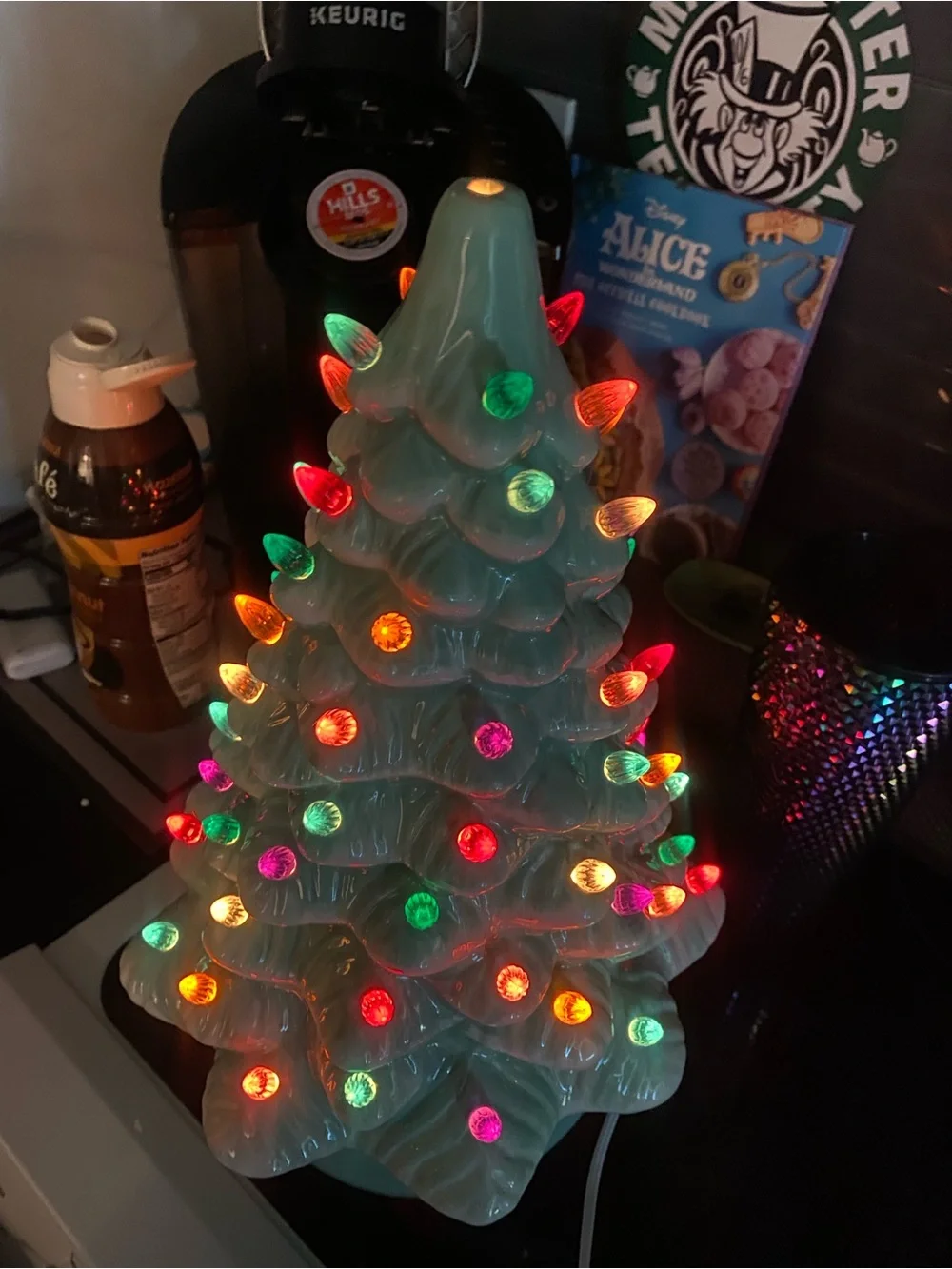 Vintage Ceramic Light-Up Holiday Tree - Mint Green with Multicolor Lights